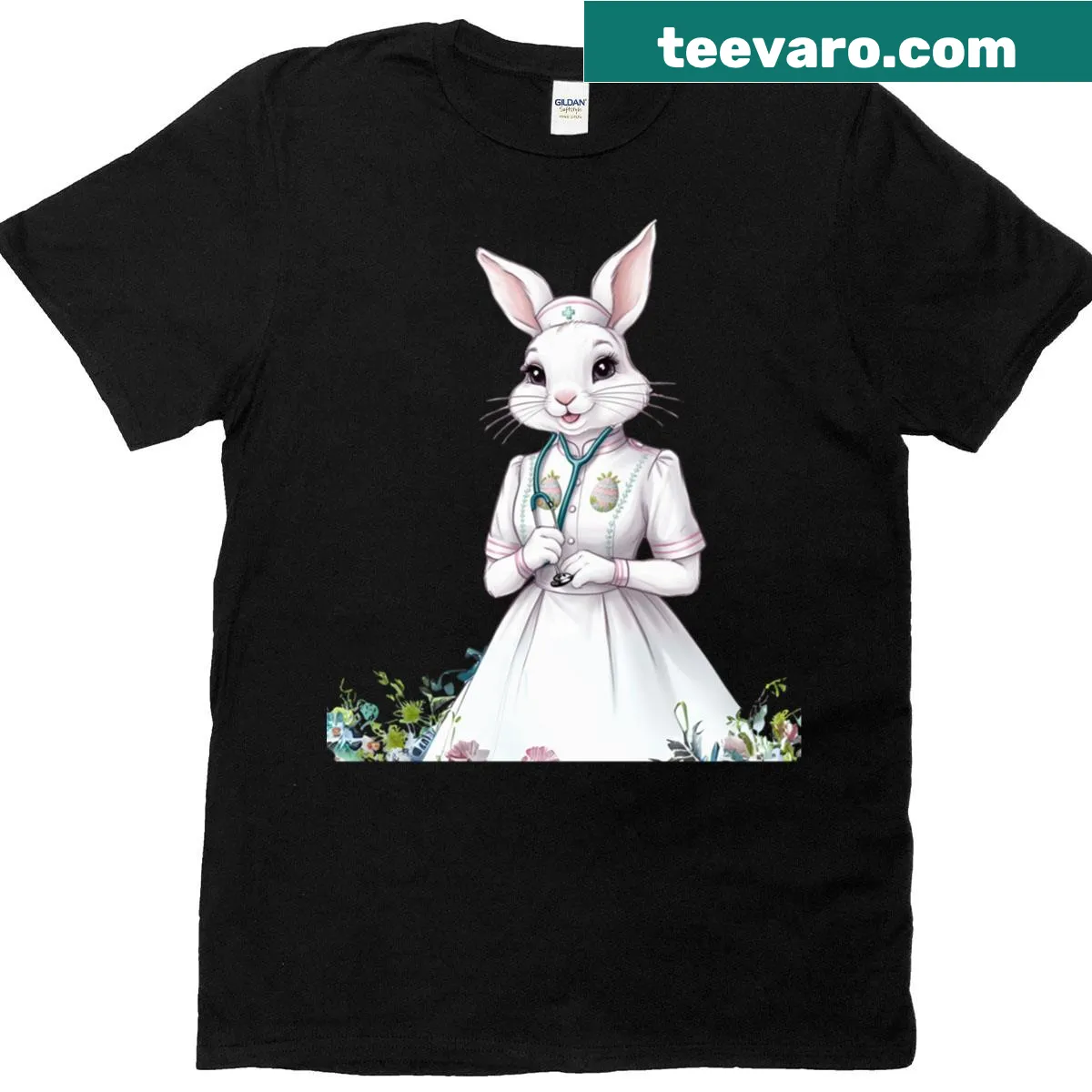 Cute cartoon bunny in nurse scrubs on t-shirt — on a men's t-shirt