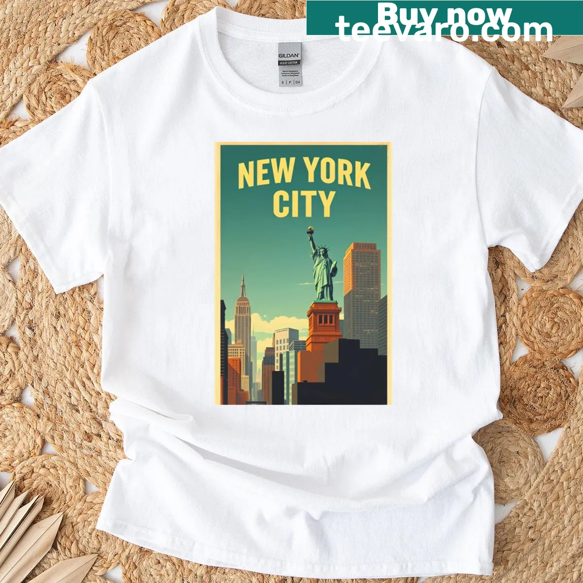 Retro poster-style t-shirt featuring New York City design — on a men's t-shirt