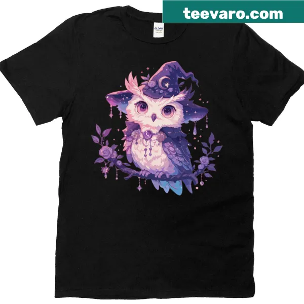 Pastel owl graphic T-shirt with witchy theme