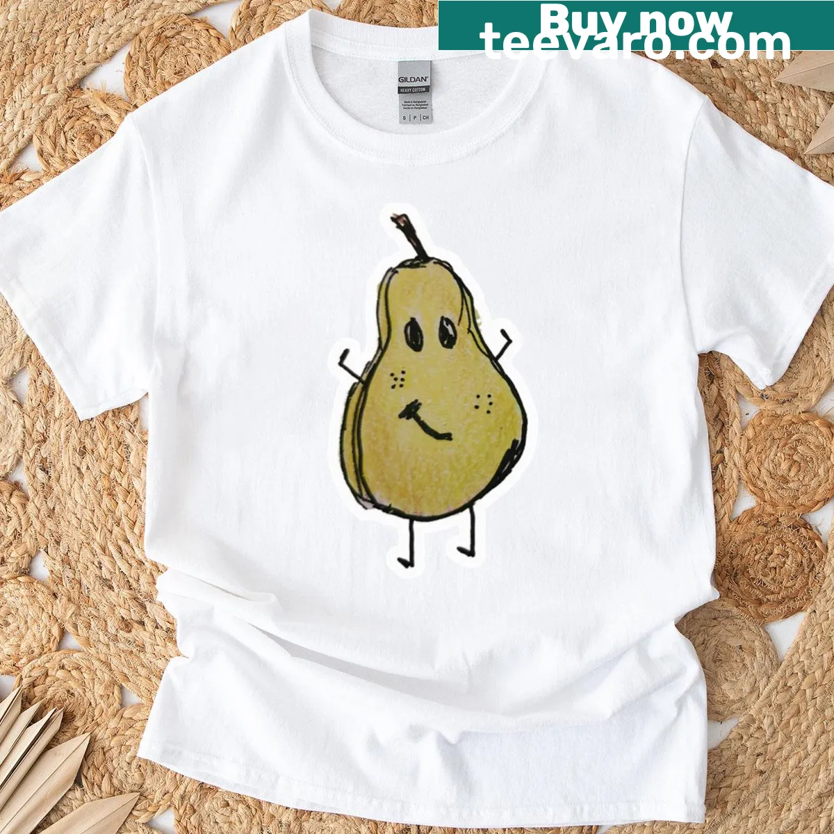 Cartoon drawing of a pear on a t-shirt — on a men's t-shirt