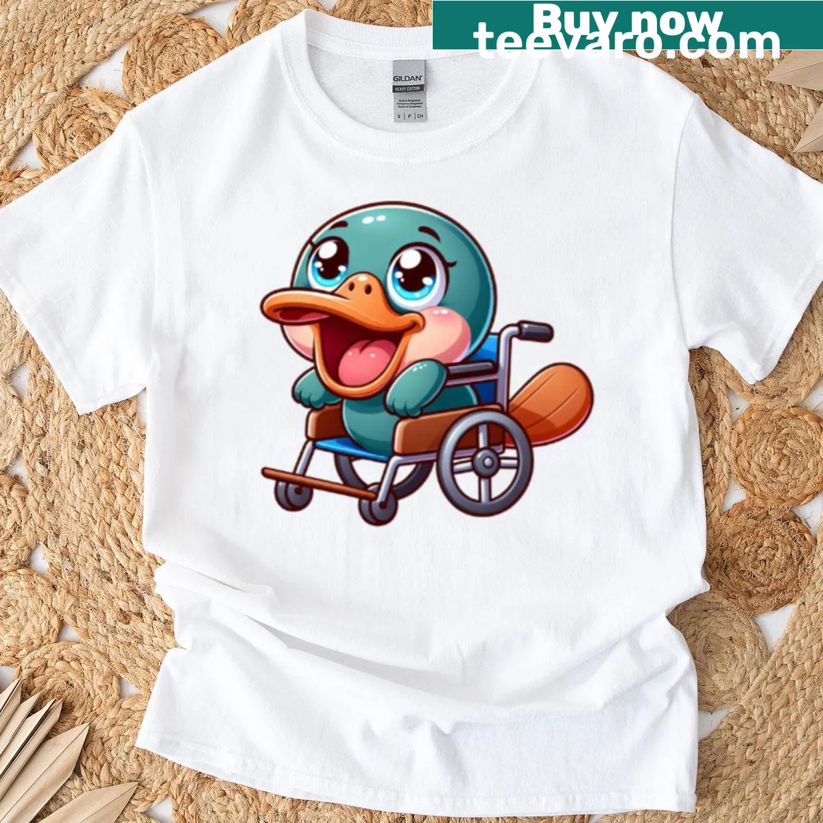 Illustration of a platypus in a wheelchair on a T-shirt — on a men's t-shirt
