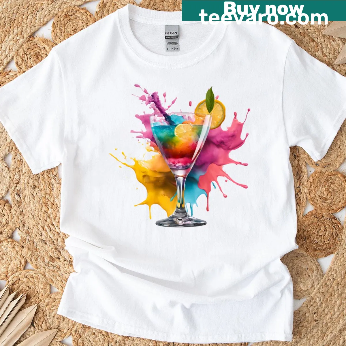 Illustrated t-shirt featuring a rainbow cocktail design — on a men's t-shirt