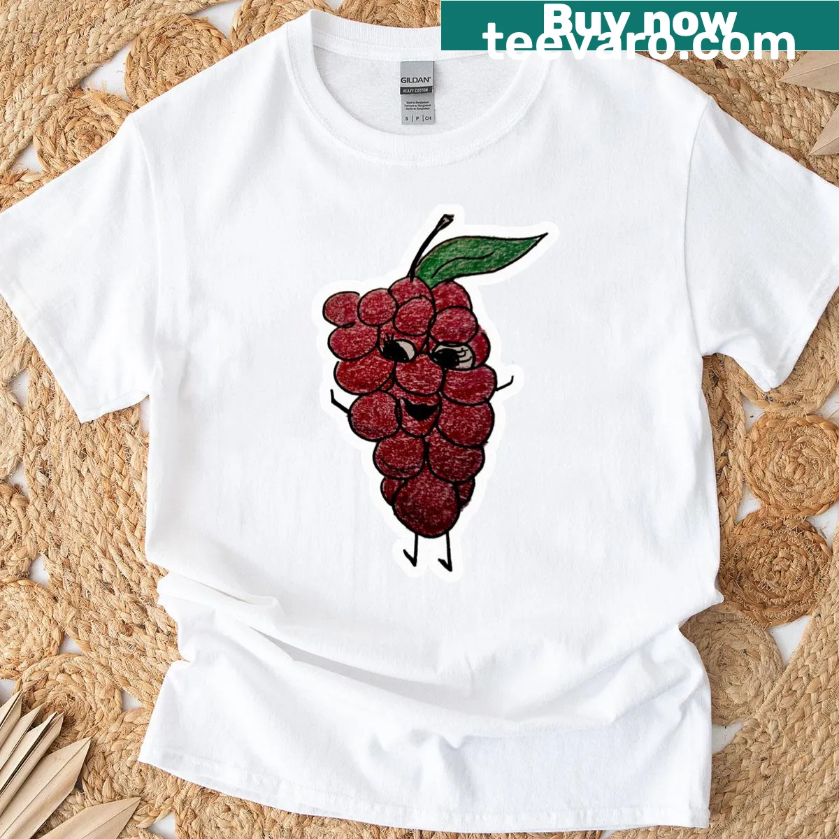Cartoon drawing of red grapes in a playful style — on a men's t-shirt