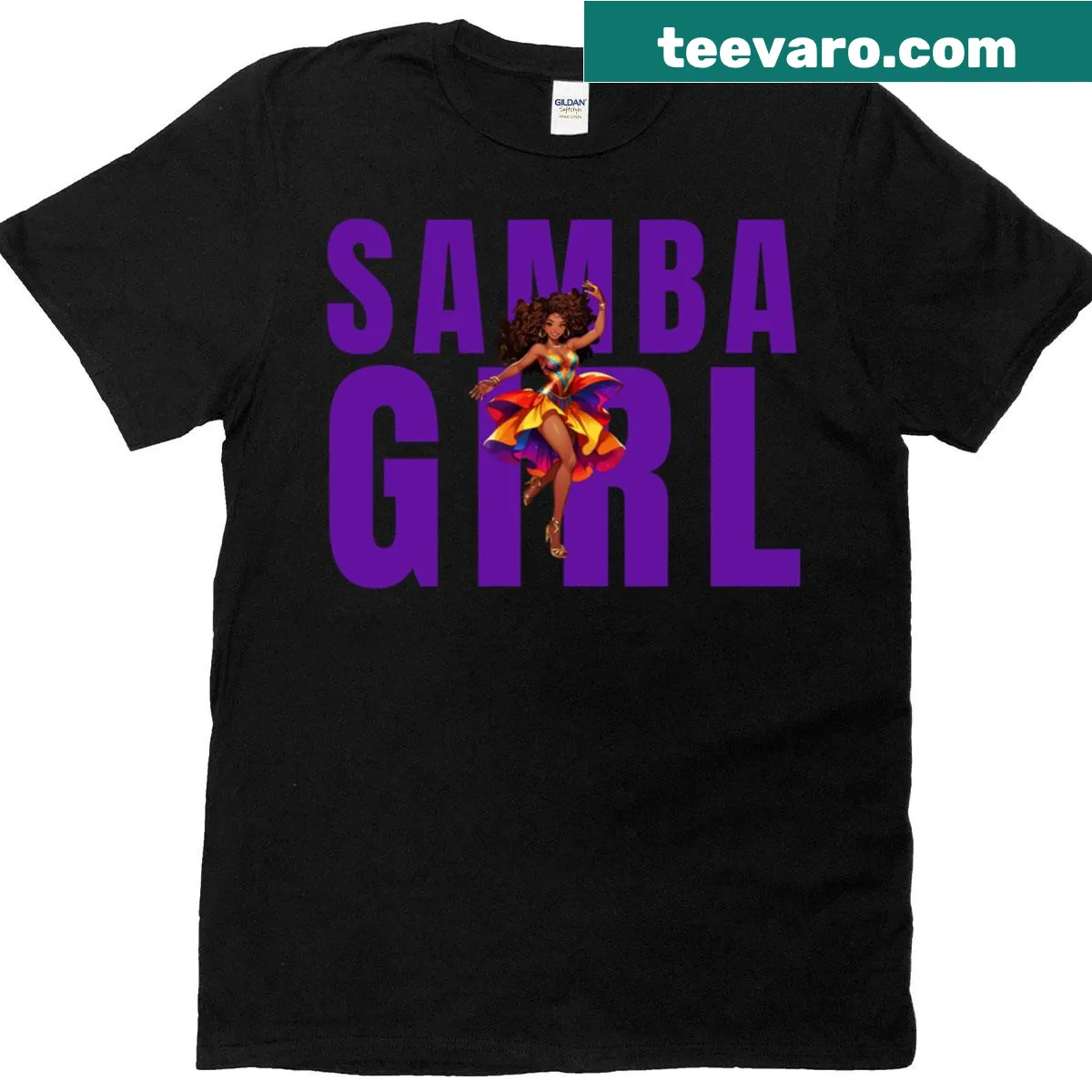 Illustrated t-shirt featuring a samba girl dancing — on a men's t-shirt