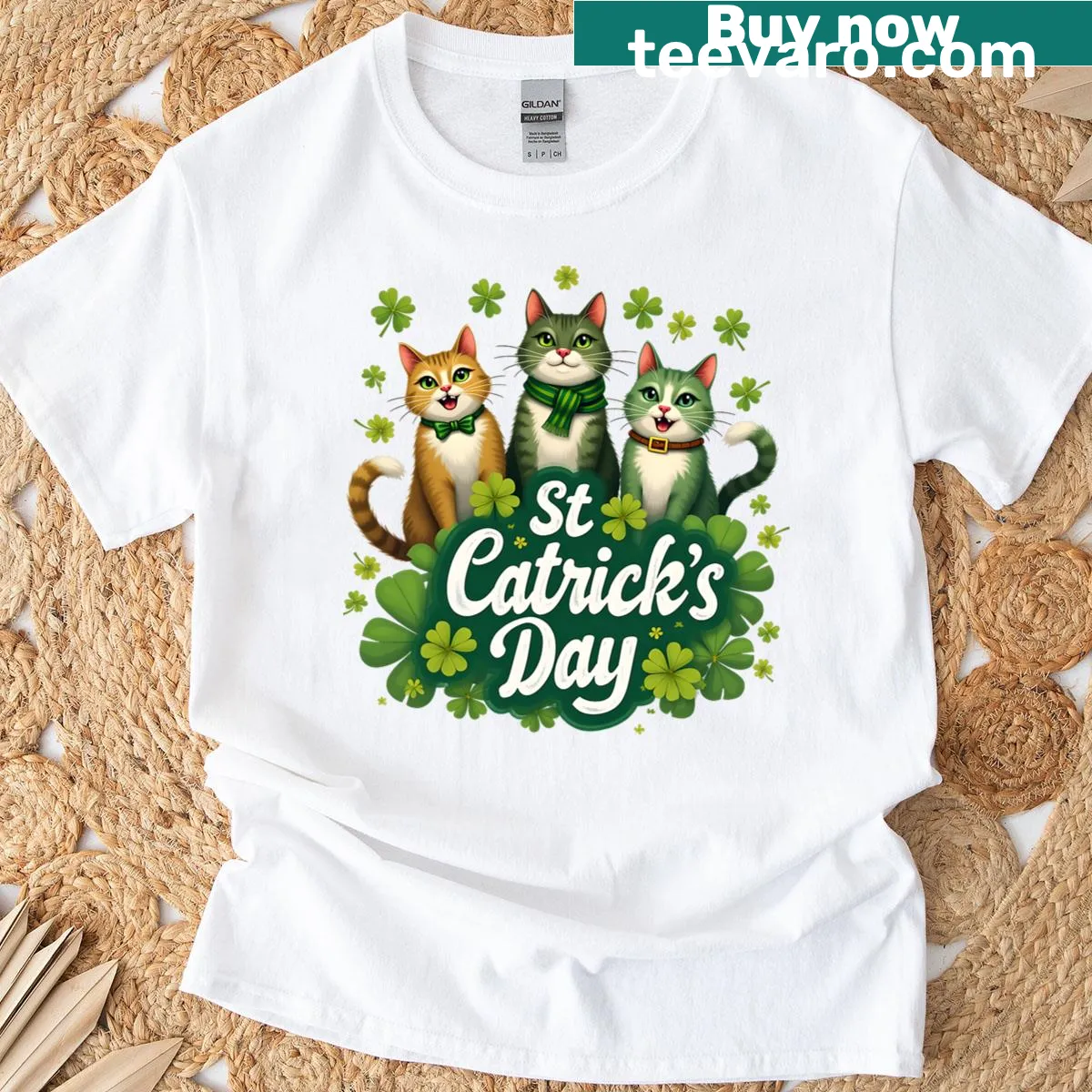 Cartoon cats celebrating St. Patrick's Day on kids t-shirt — on a men's t-shirt
