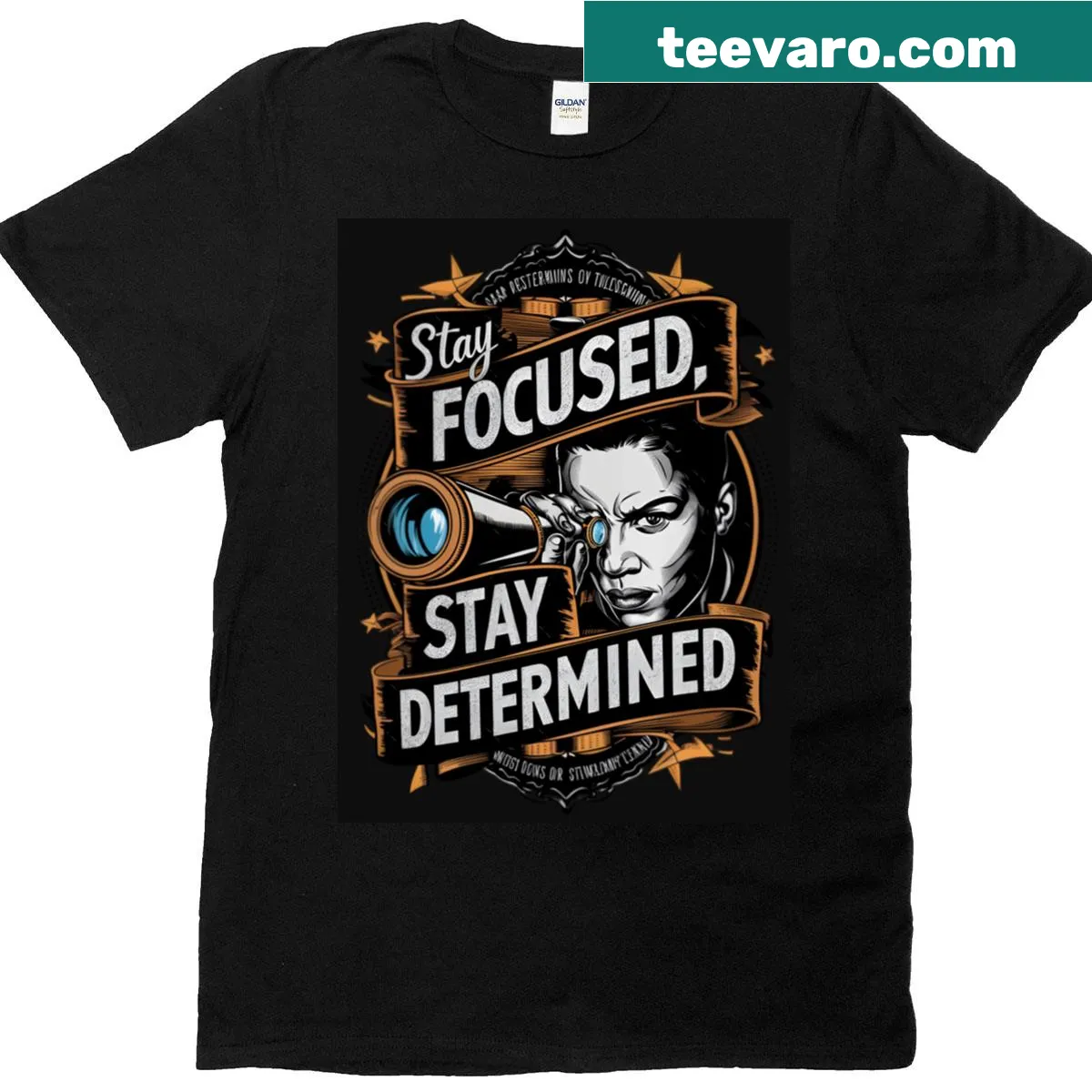 Inspiring t-shirt with the quote 'Stay Focused Stay Determined' in motivational typography — on a men's t-shirt