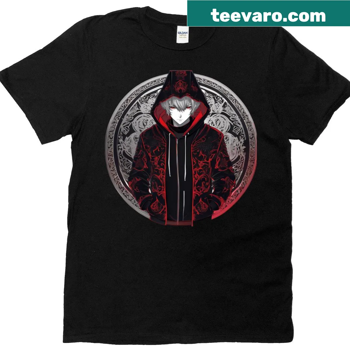 Cartoon-style anime boy graphic t-shirt for fans — on a men's t-shirt