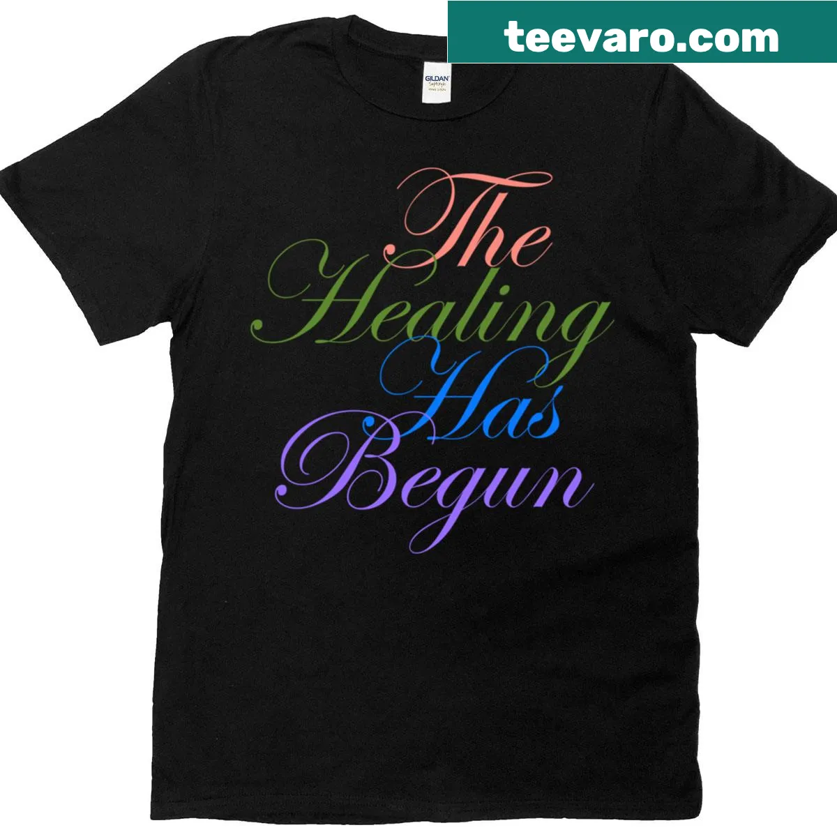 A T-shirt with the phrase 'The Healing Has Begun' in a clear design. — on a men's t-shirt