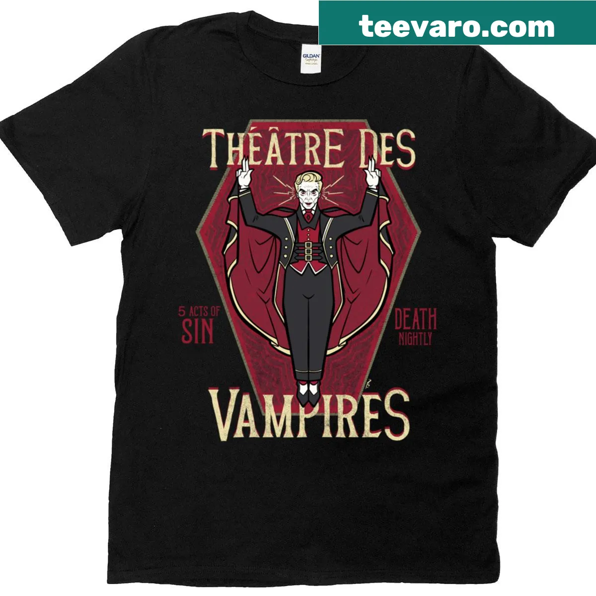 Gothic theatre-themed T-shirt with vampire design — on a men's t-shirt