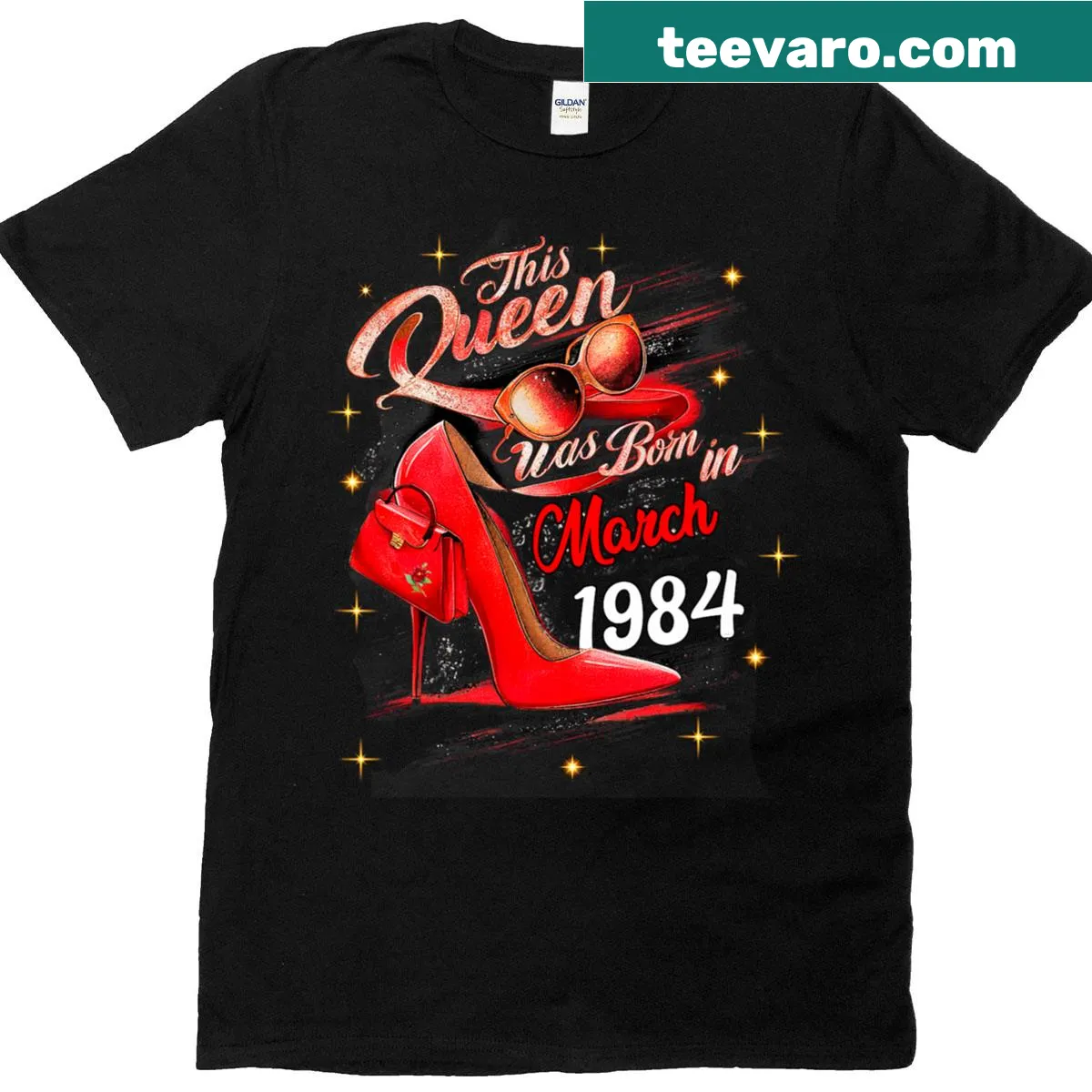 T-shirt with 'This Queen Was Born In March 1984' text — on a men's t-shirt