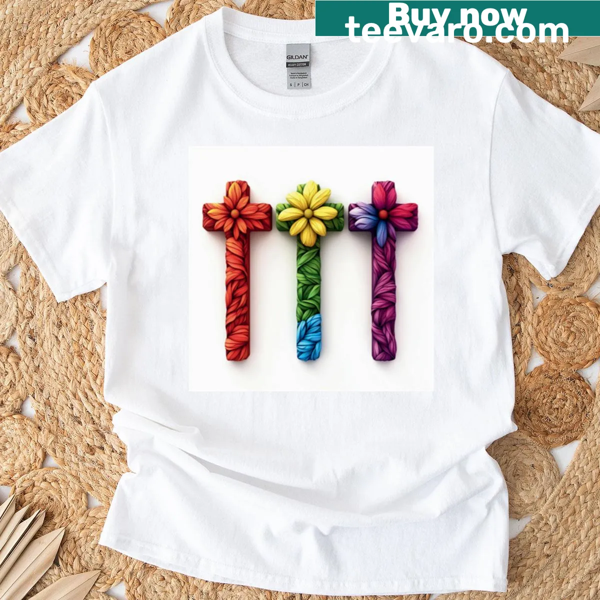 Inspirational t-shirt featuring Trinity and floral crosses illustration. — on a men's t-shirt