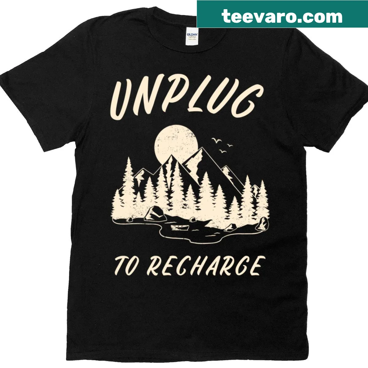 Unplug to recharge text t-shirt — on a men's t-shirt