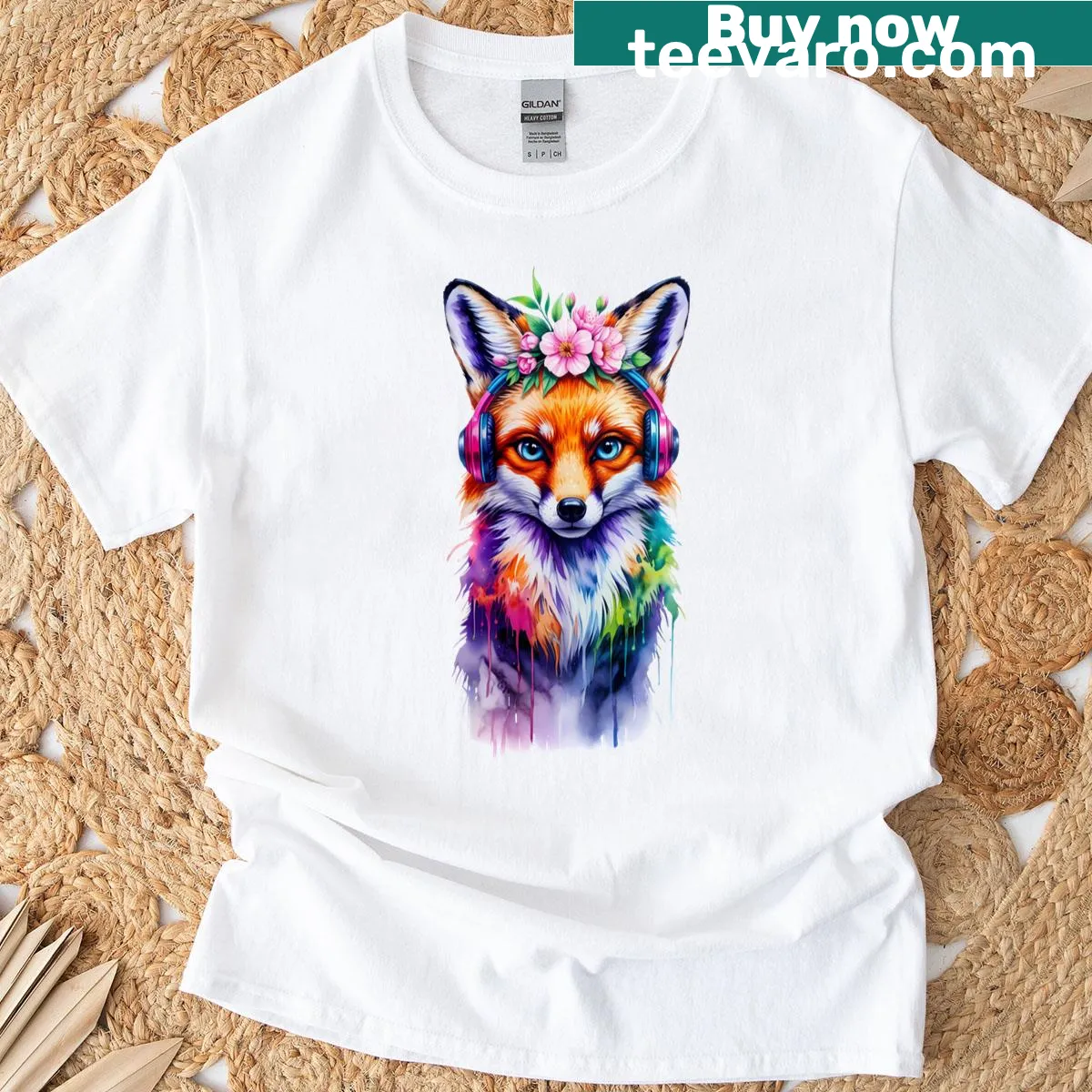 Watercolor fox with floral headphones illustrated on a T-shirt — on a men's t-shirt
