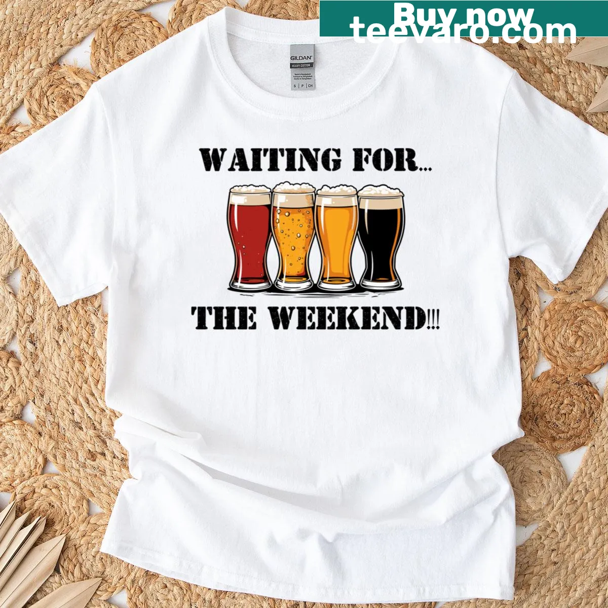 Playful text design T-shirt proclaiming enthusiasm for the weekend — on a men's t-shirt