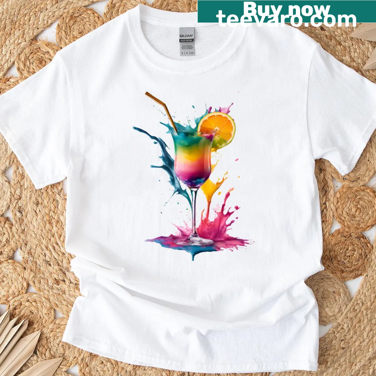 Whimsical t-shirt featuring colorful cocktail and wine splash illustrations — on a men's t-shirt