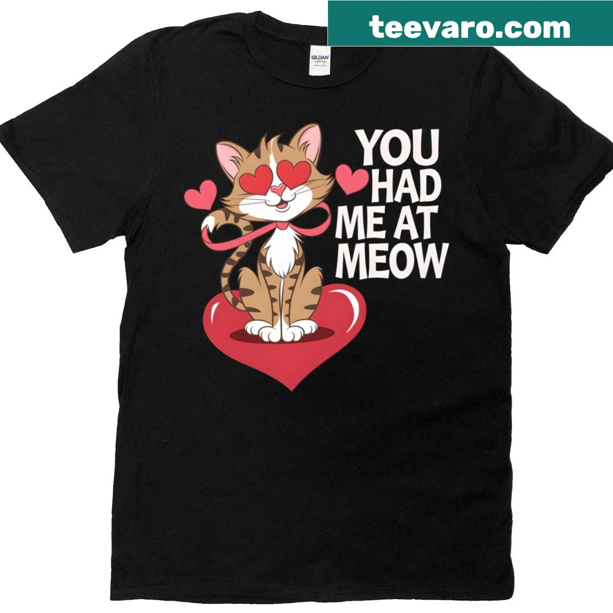 Cute cat graphic with hearts and the phrase 'You Had Me At Meow.' — on a men's t-shirt