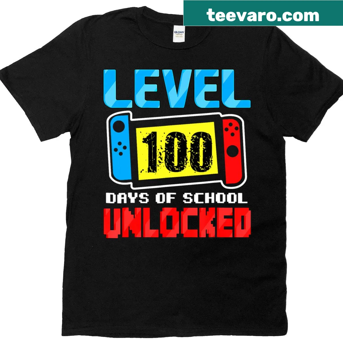 Playful t-shirt celebrating 100 days of school with 'Level Unlocked' text. — on a men's t-shirt