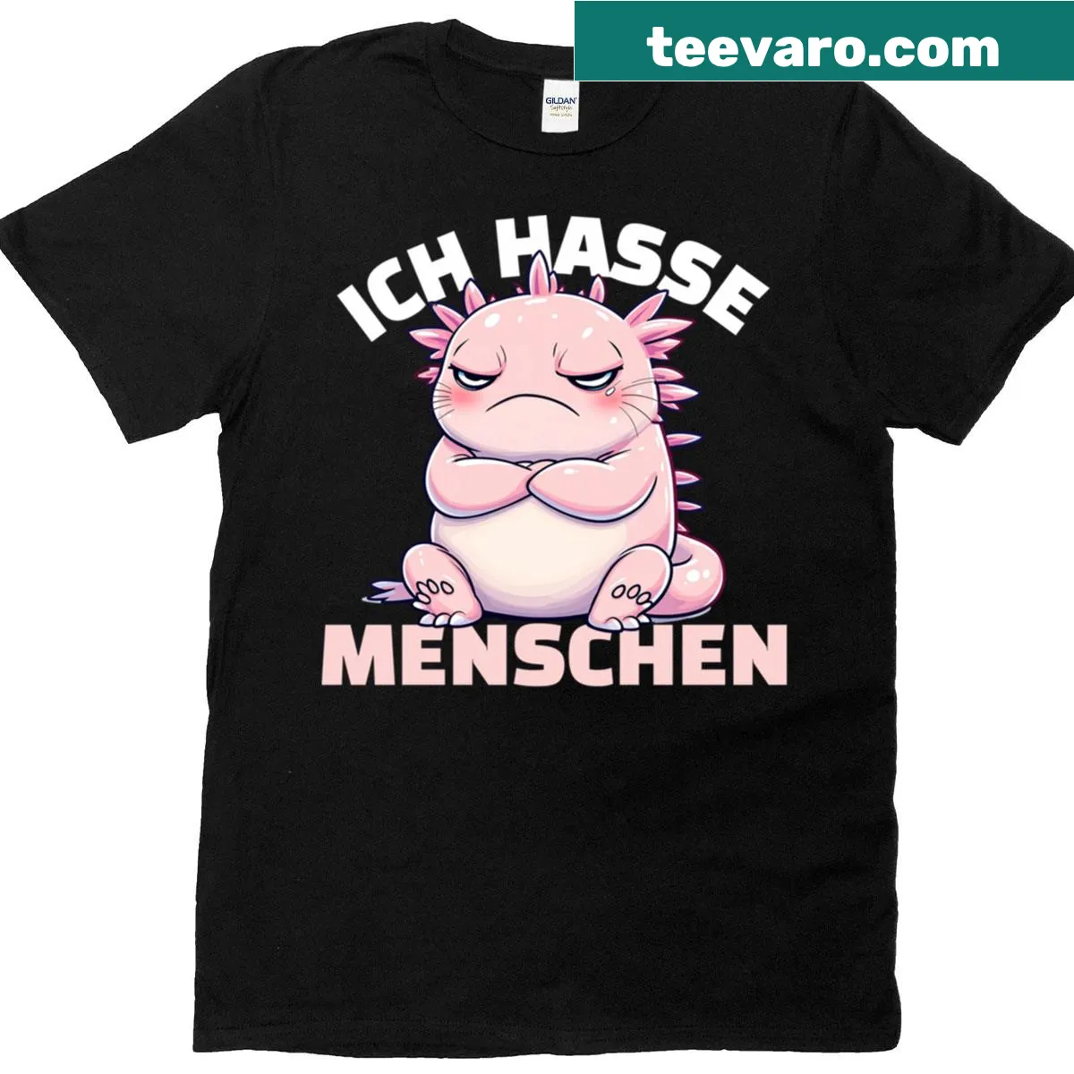 Illustration of a pink axolotl with attitude on a T-shirt — on a men's t-shirt