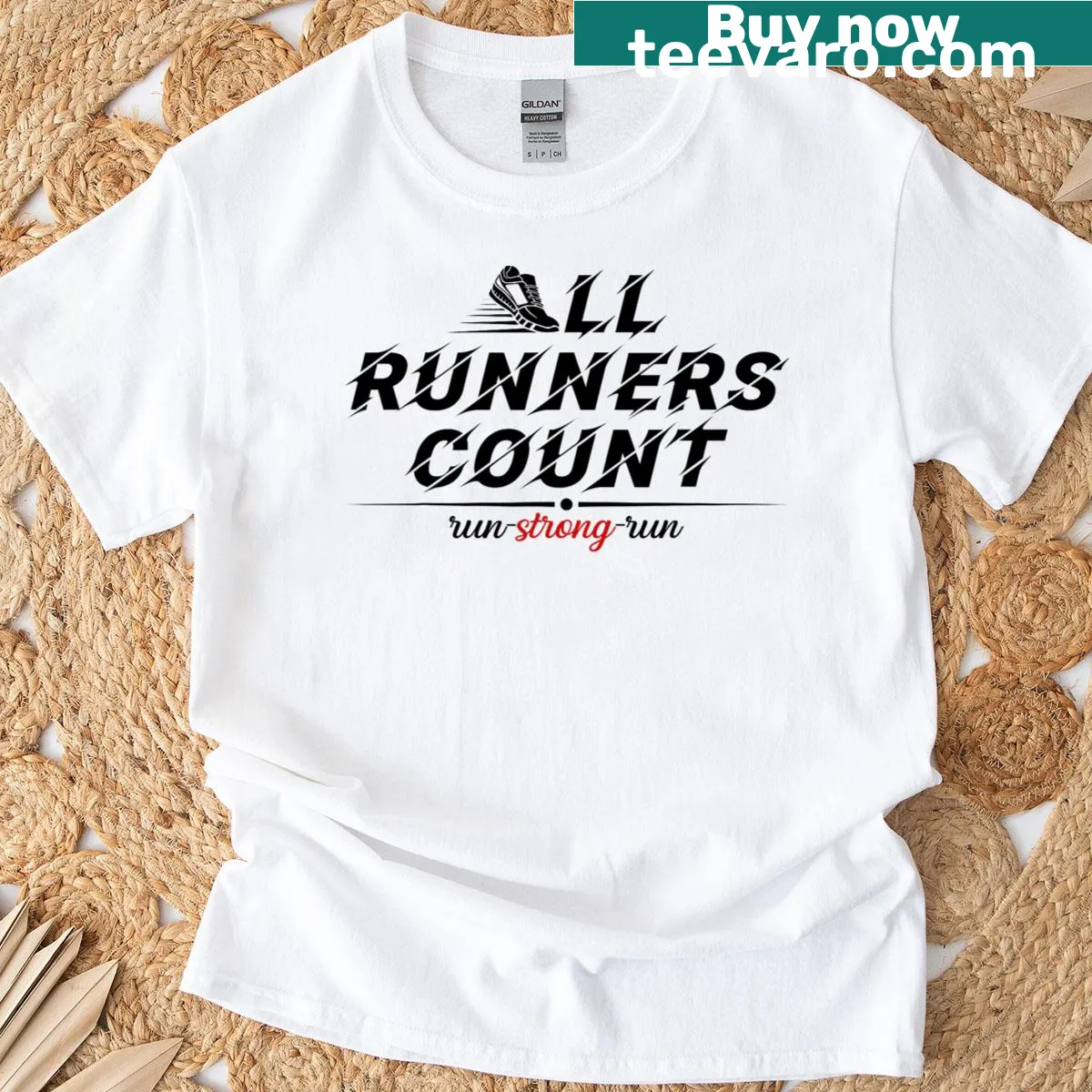 Inspirational tee for runners with 'All Runners Count Run Strong' text — on a men's t-shirt