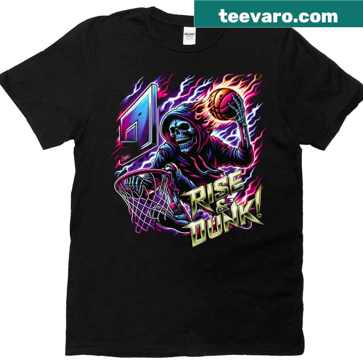 Basketball graphic T-shirt featuring a skeleton dunking. — on a men's t-shirt