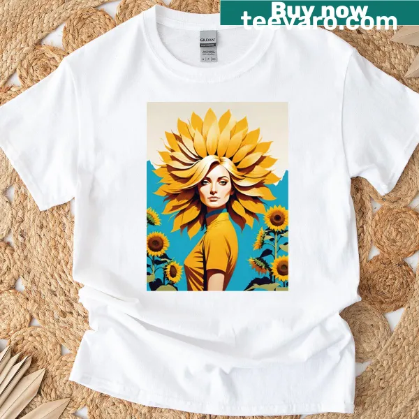 T-shirt featuring a blonde woman framed by sunflowers and sky.