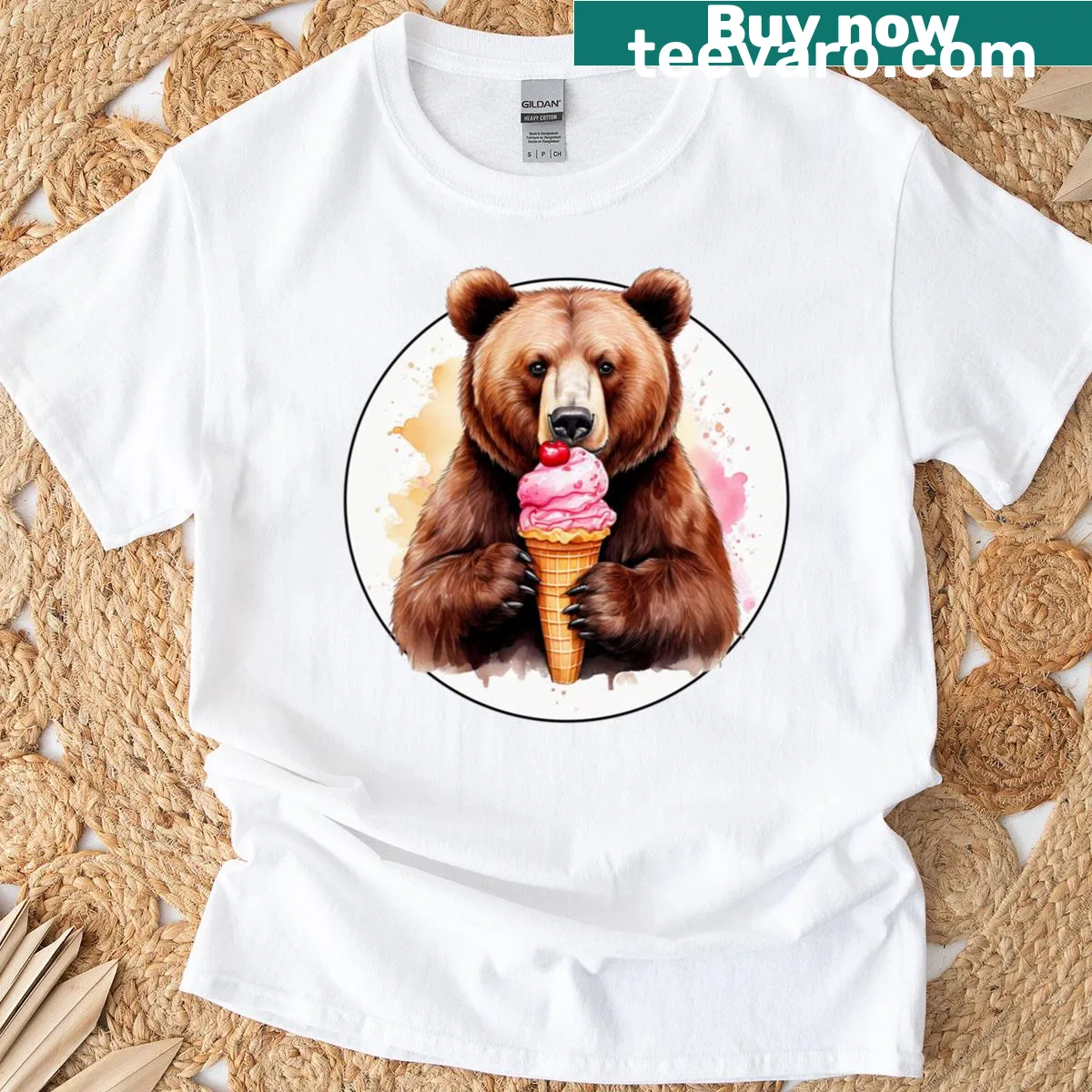 T-shirt featuring a bear enjoying ice cream treat. — on a men's t-shirt