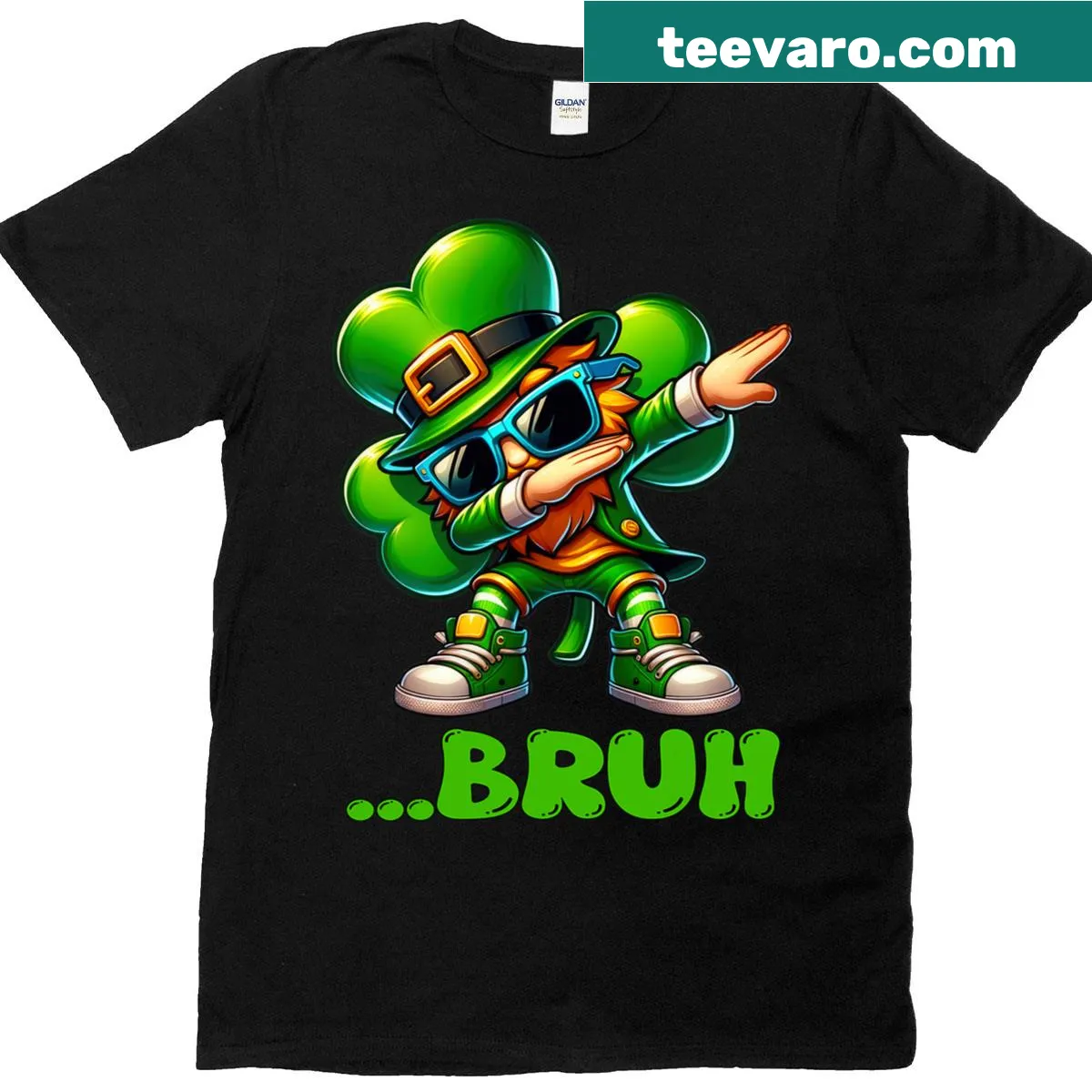 Funny St. Patrick's Day shirt with a leprechaun dabbing illustration — on a men's t-shirt