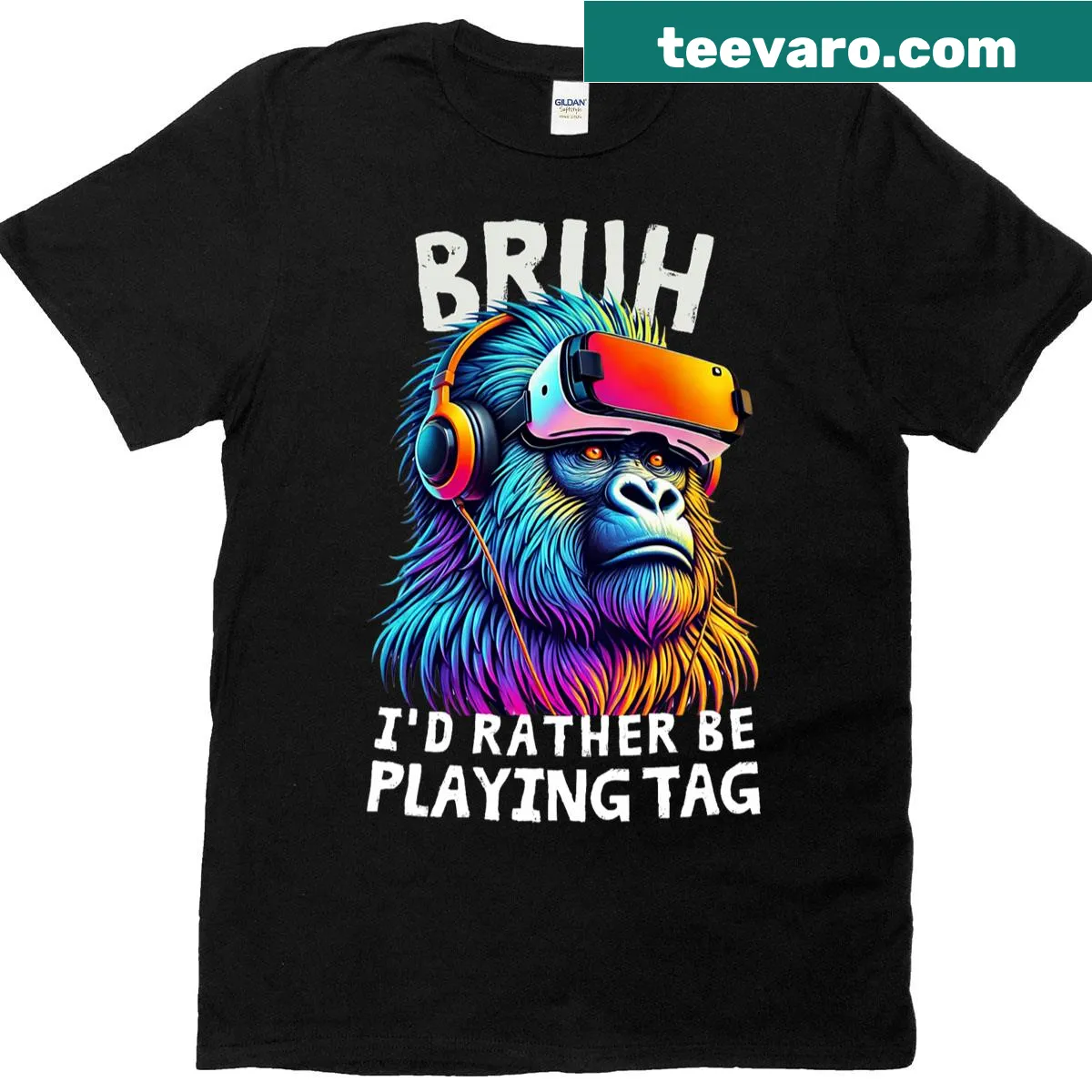 Playful VR gaming design with gorilla and text on T-shirt — on a men's t-shirt