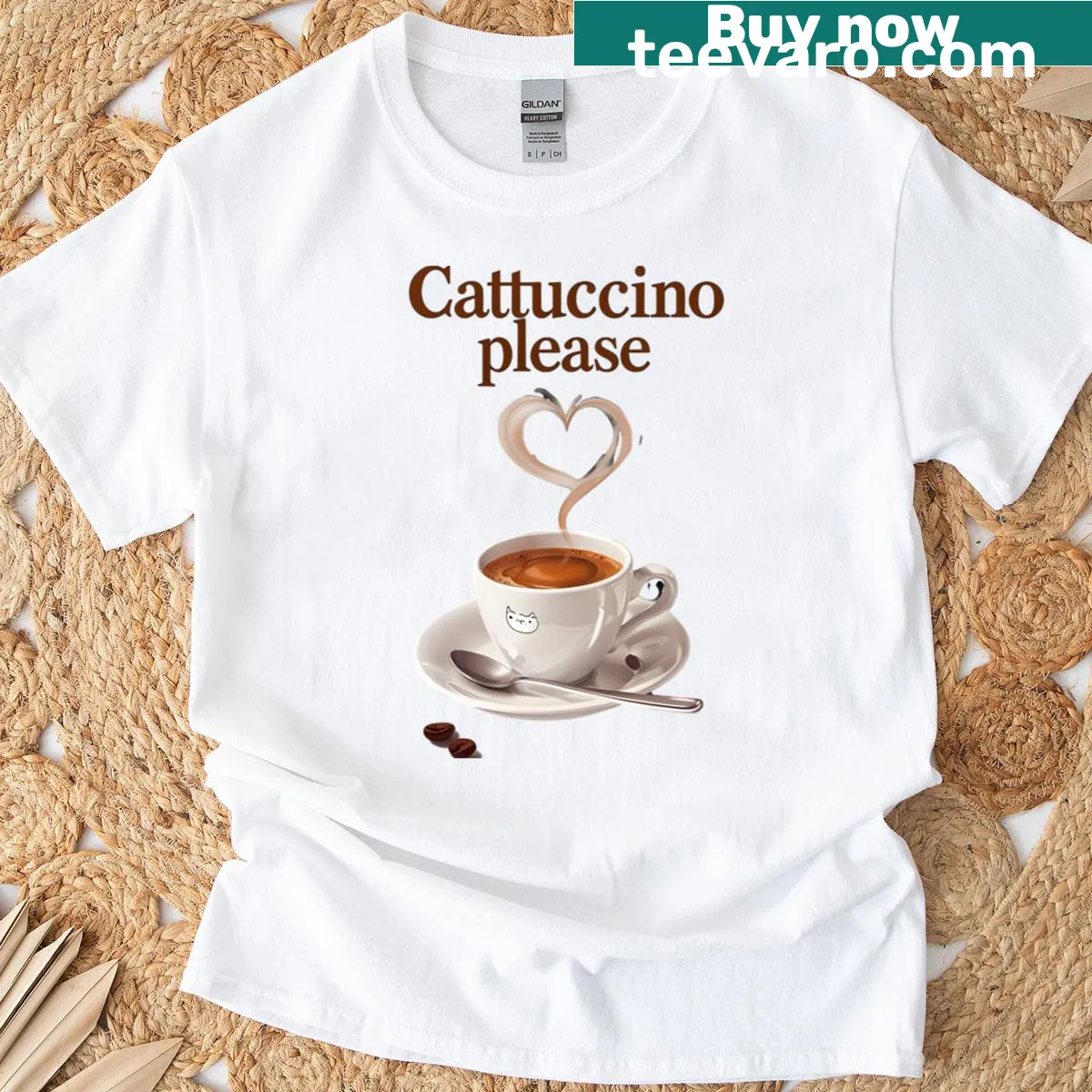 Cute cat in cappuccino cup illustration t-shirt — on a men's t-shirt