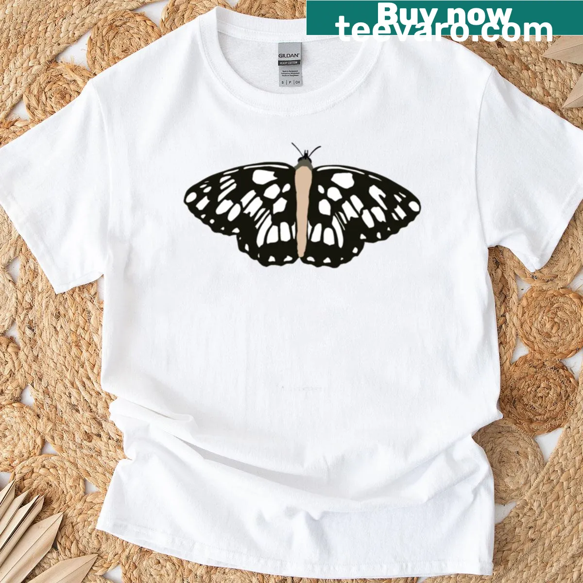 T-shirt featuring a checkered butterfly design — on a men's t-shirt