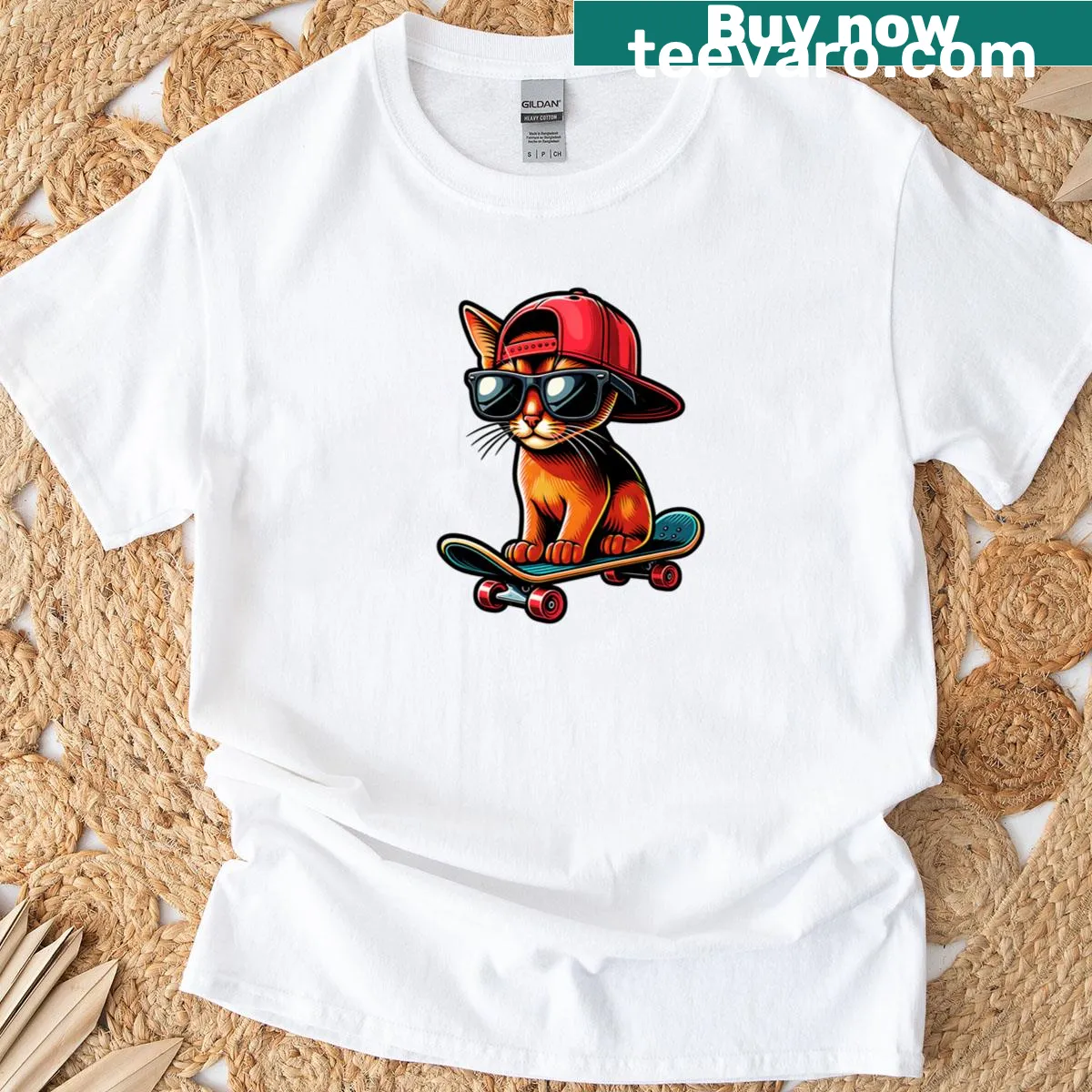 Abyssinian cat skateboarder T-shirt with playful graphic illustration — on a men's t-shirt