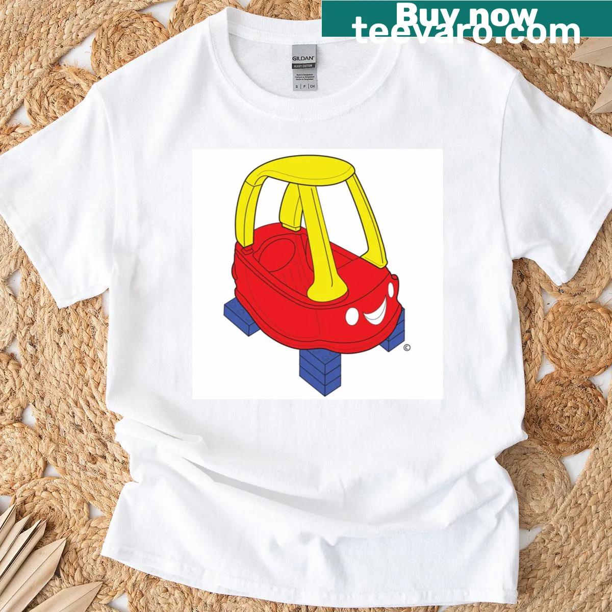 Illustration of a Cozy Coupe toy car on blocks — on a men's t-shirt