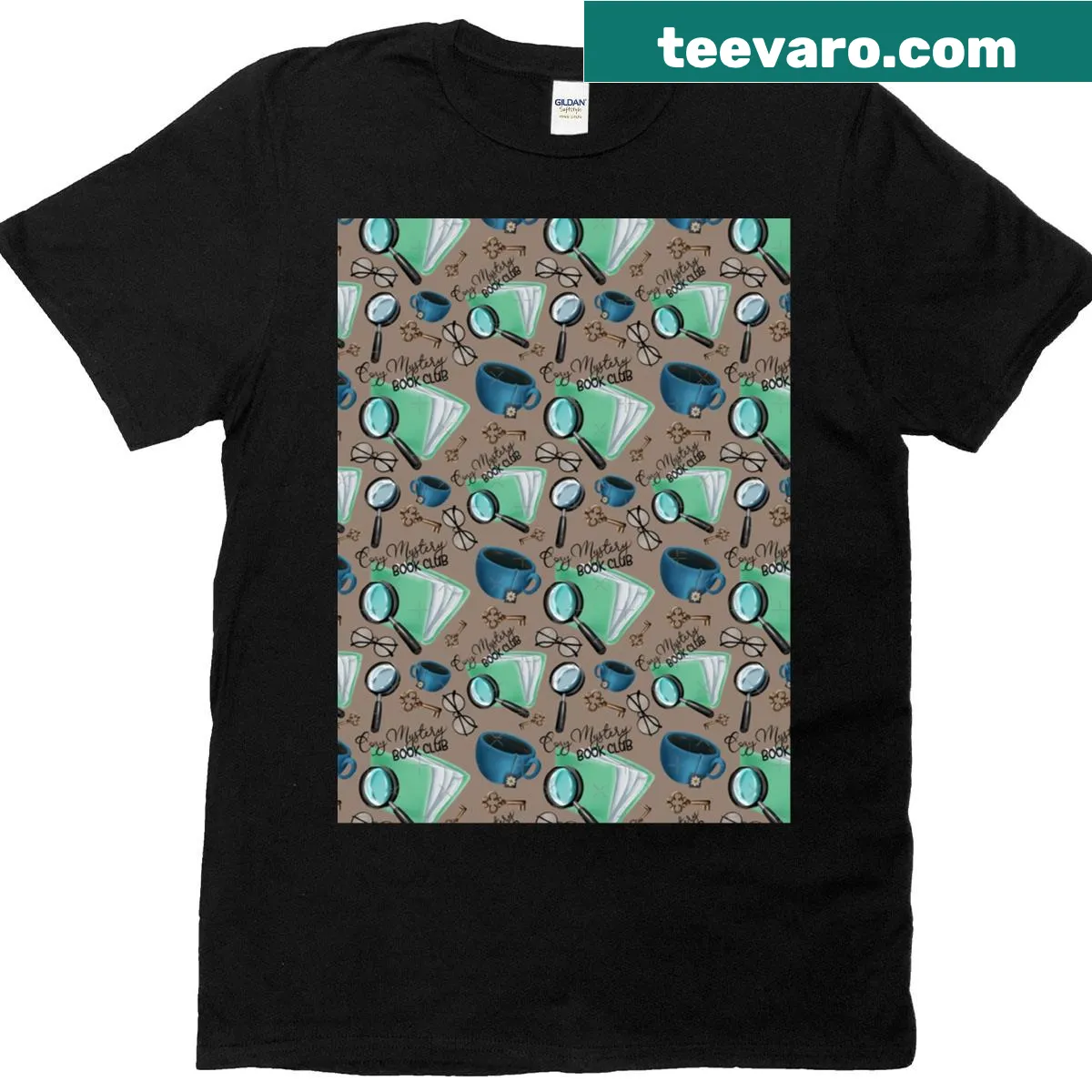 Graphic t-shirt featuring cozy mystery book club patterns — on a men's t-shirt