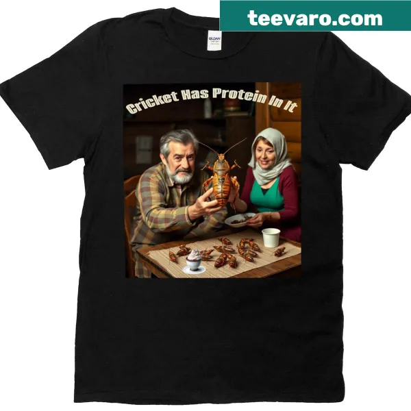 Illustrative T-shirt featuring crickets and text about protein