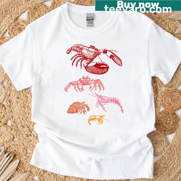 Illustrative T-shirt featuring various crustaceans like crabs and lobsters