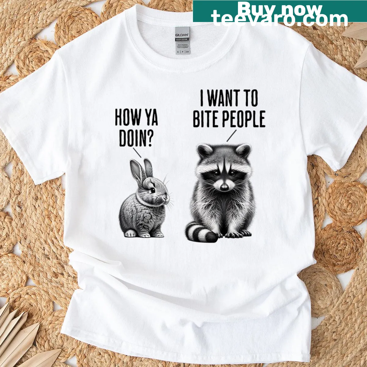 Cartoon raccoon with the text 'How Ya Doin, I Want To Bite People' — on a men's t-shirt