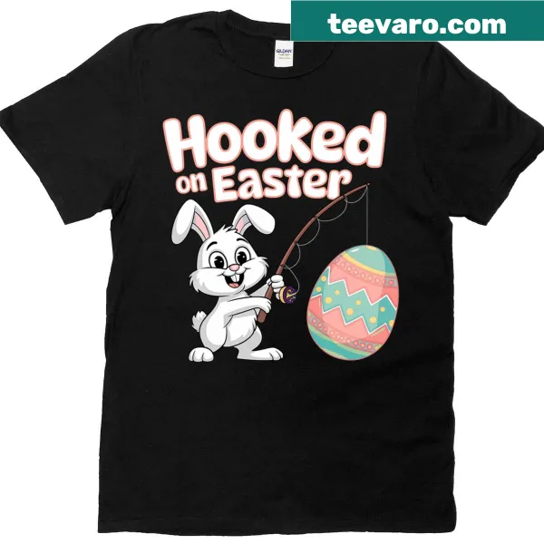 Cartoon Easter bunny fishing for eggs on a t-shirt