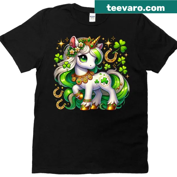 Whimsical unicorn and shamrock graphic for kids' T-shirt