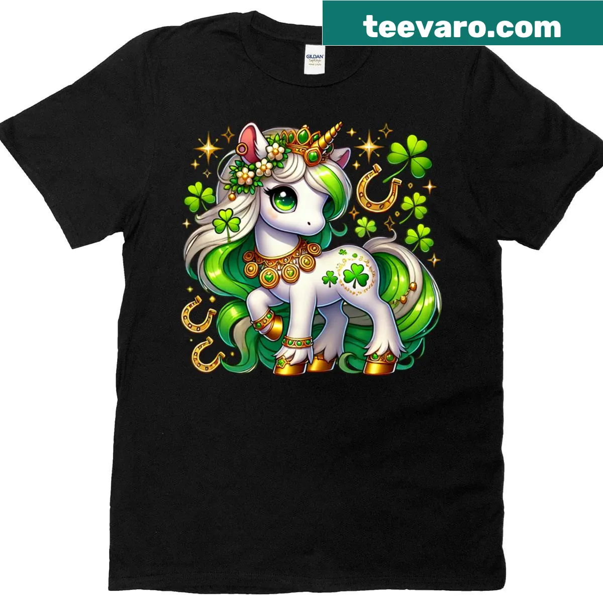 Whimsical unicorn and shamrock graphic for kids' T-shirt — on a men's t-shirt