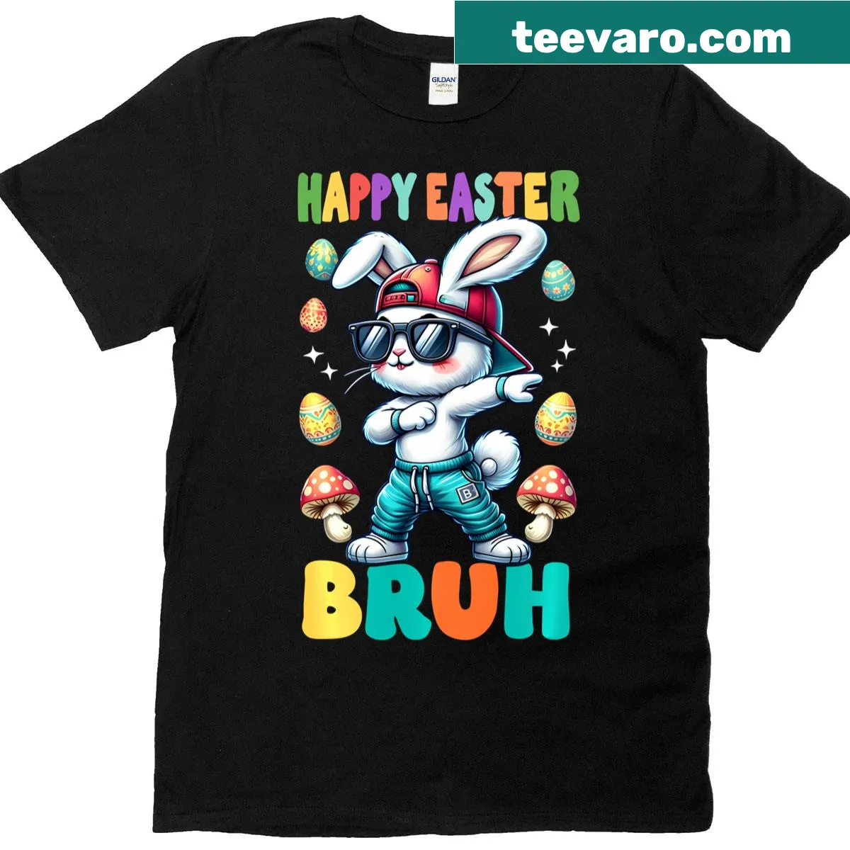 Cartoon dabbing bunny design for Easter kids t-shirt — on a men's t-shirt