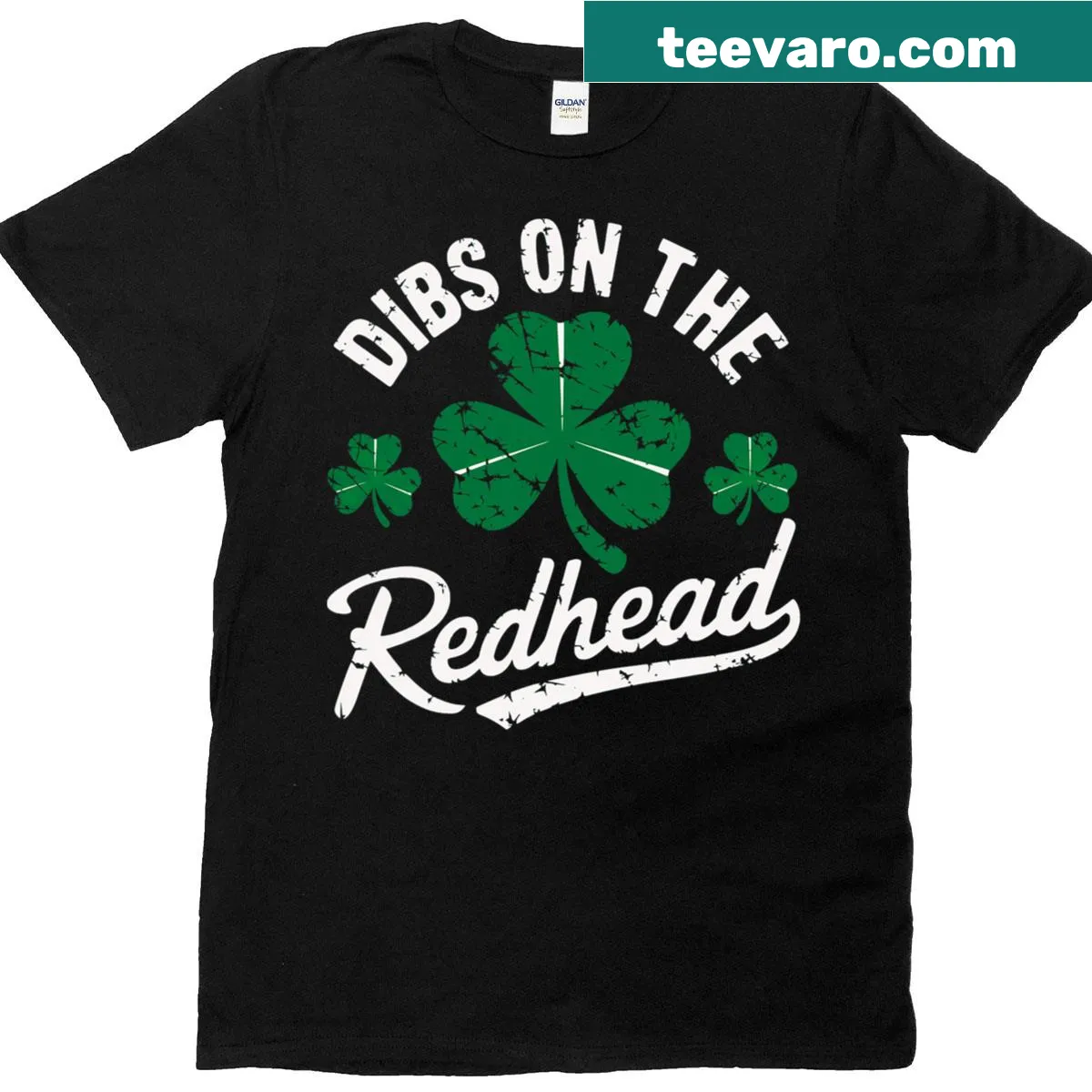 Funny St. Patrick's Day t-shirt with 'Dibs On The Redhead' text and shamrock — on a men's t-shirt