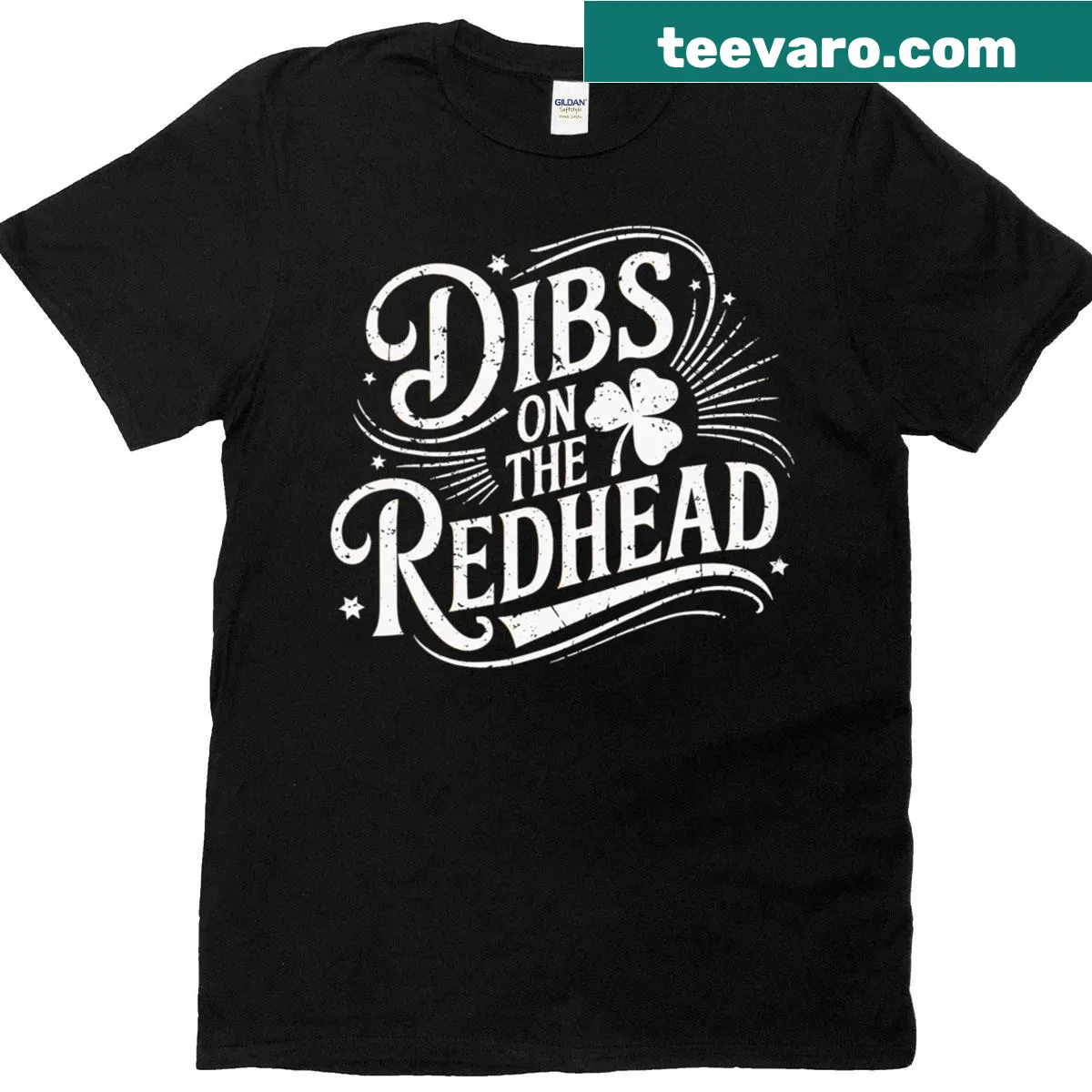 Funny St. Patrick's Day t-shirt featuring shamrocks and 'Dibs On The Redhead' text — on a men's t-shirt