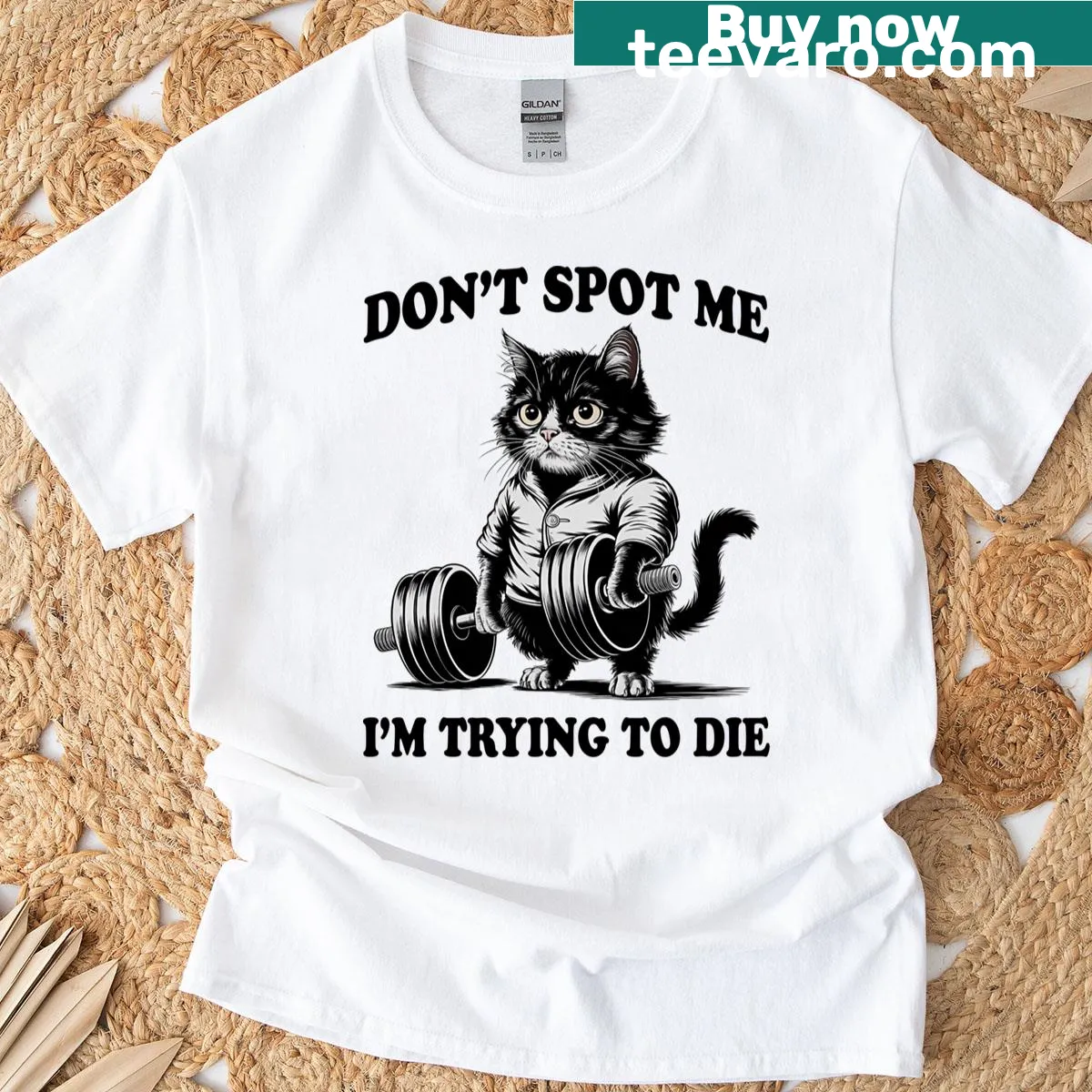 Funny cat weightlifter t-shirt with humorous text — on a men's t-shirt