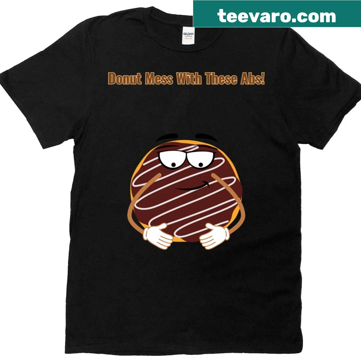 Funny T-shirt with 'Donut Mess With These Abs!' and a donut graphic — on a men's t-shirt
