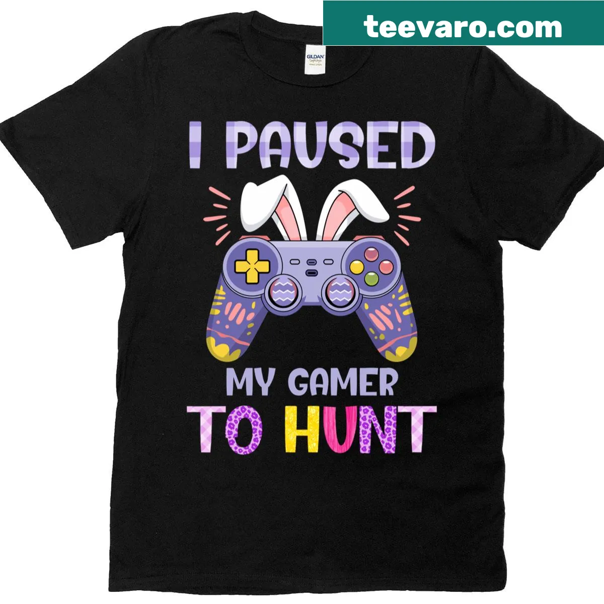 Funny Easter Bunny gamer t-shirt with video game elements — on a men's t-shirt