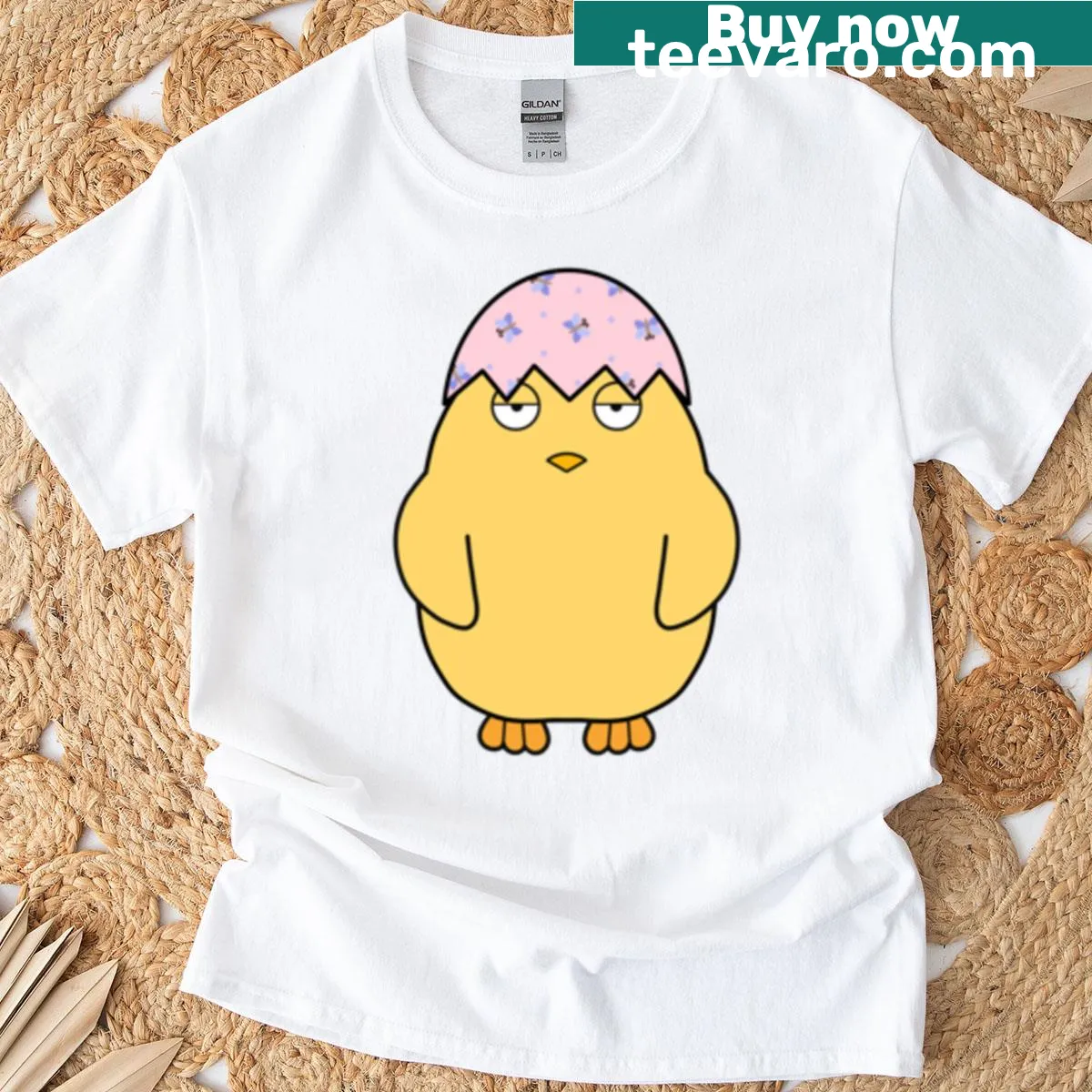 Cartoon chick with 'Meh' text on Easter-themed t-shirt — on a men's t-shirt