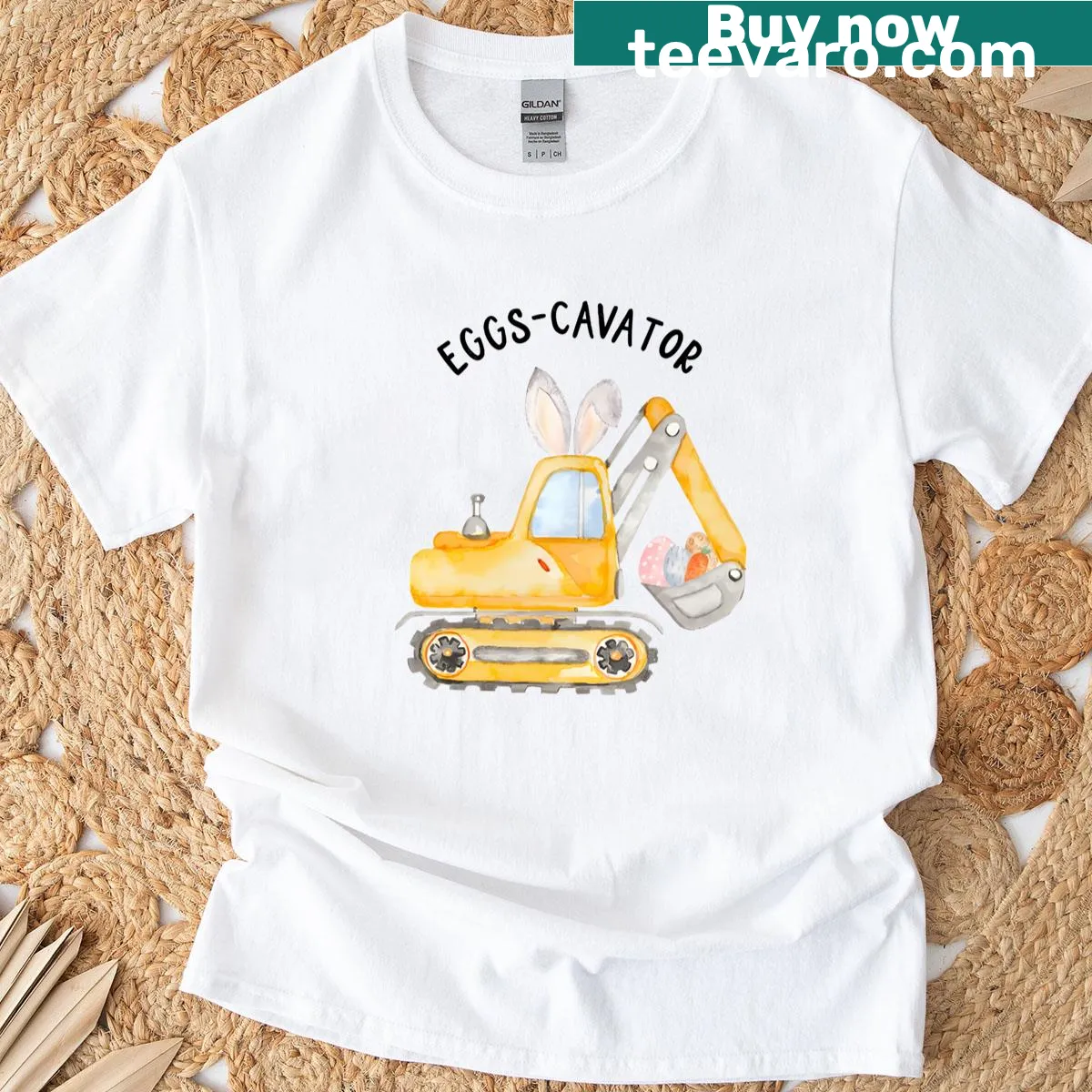 Cartoon t-shirt featuring 'Eggscavator' bunny excavator character — on a men's t-shirt