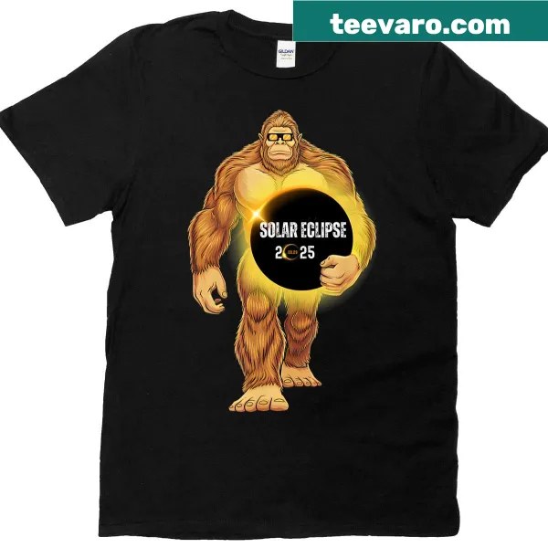 Illustrative T-shirt featuring Bigfoot with eclipse glasses during solar eclipse