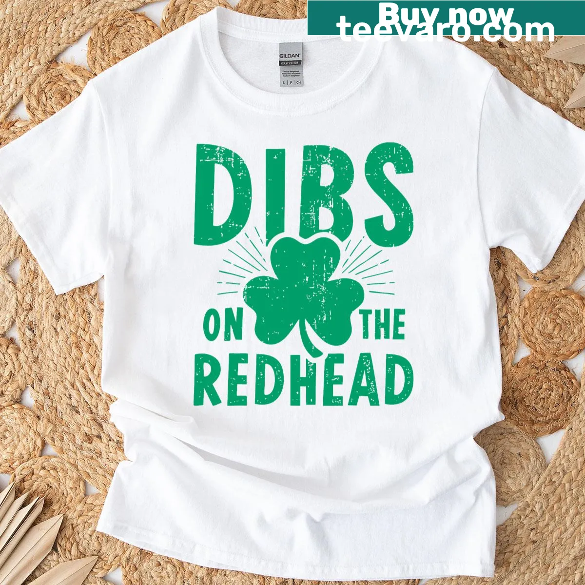 Funny St. Patrick's Day T-shirt with 'Dibs On The Redhead' and shamrock — on a men's t-shirt