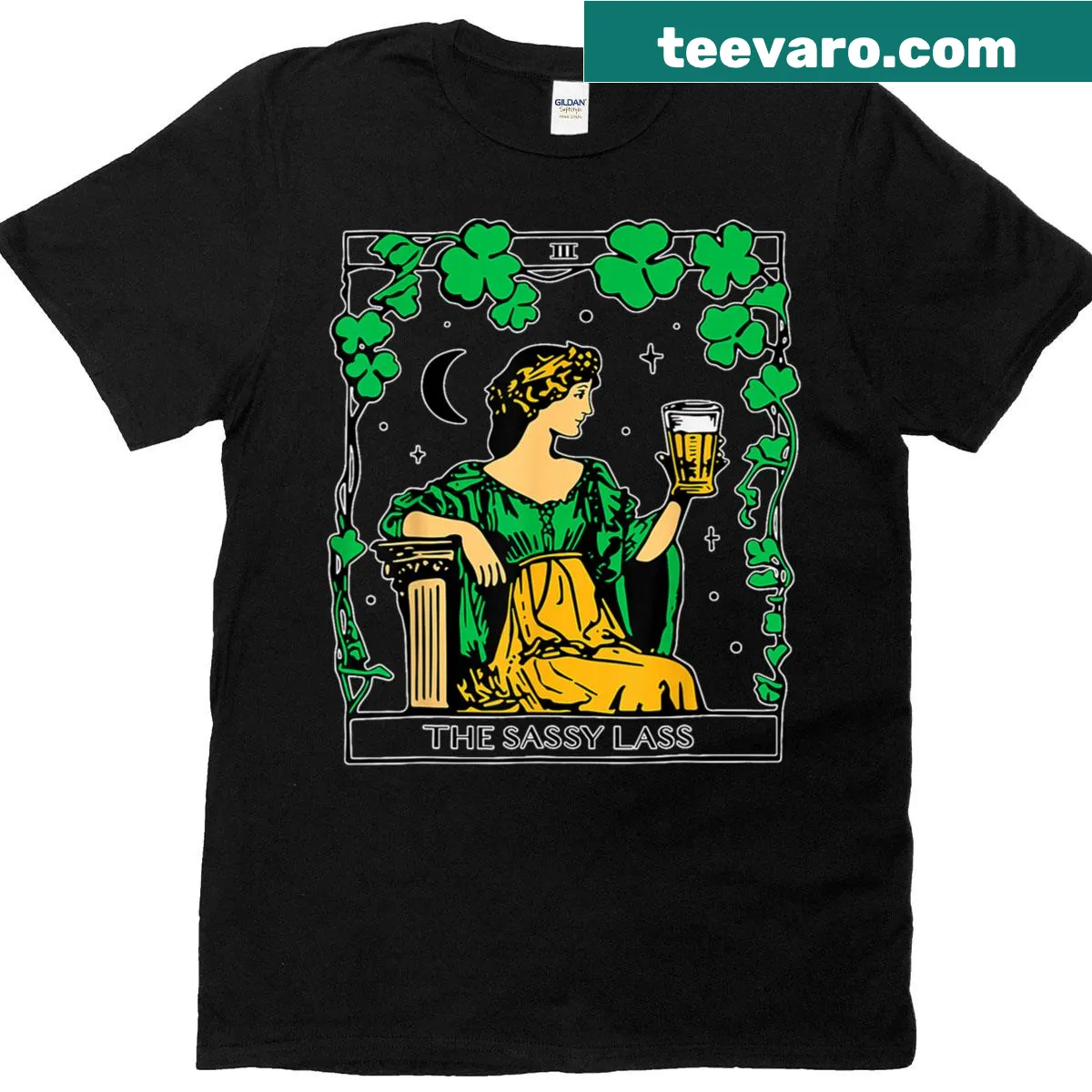 Witty St. Patrick's Day t-shirt featuring a tarot card theme of a sassy lass — on a men's t-shirt